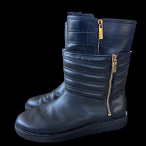 UGG AVIVA Black Leather Boots with Gold Zippers